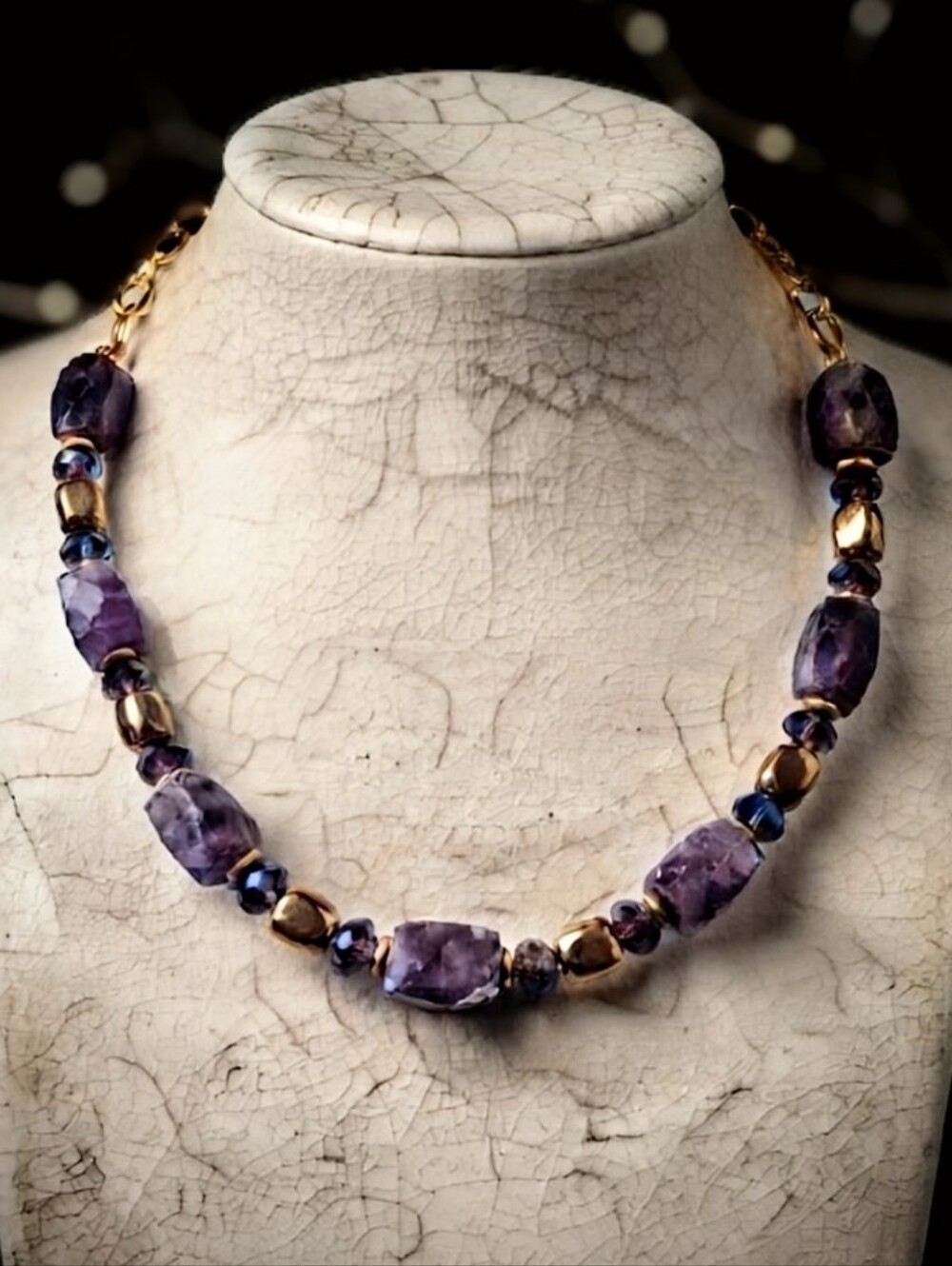 Large Natural Purple Amethyst and  Gold over Hematite Nugget  Necklace in GP